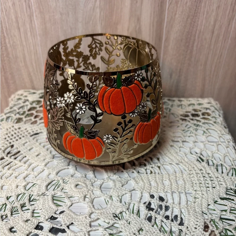 Bath & Body Works Gold Metal Autumn Fall Pumpkin 3 Wick Candle Holder - Picture 2 of 6